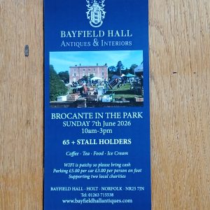 Bayfield Brocante in the Park Sunday 7th June 2026 Join us once again in the grounds of the stunning Bayfield Hall 65+ stalls plus tea, coffee, food and ice cream vendors Parking £5.00 per car OR £3.00 per person on foot - supporting two local charities. WiFi is patchy due rural location so please bring cash Enjoy the day!